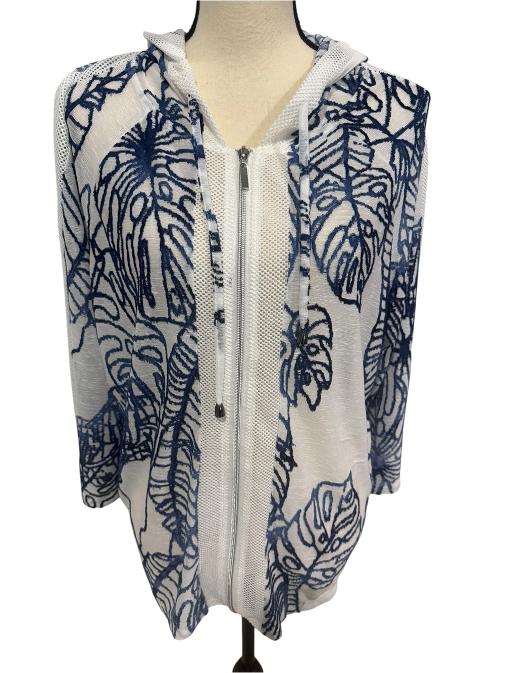 Weekends by Chicos White & Navy Leaf Mesh Zip Hoodie Coverup Sheer Size XL (3)